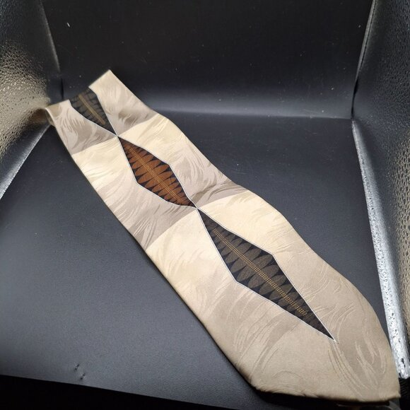 Giorgio Brutini 100% Silk Mens Tie With Geometric Pattern Beige & Brown - Picture 1 of 4